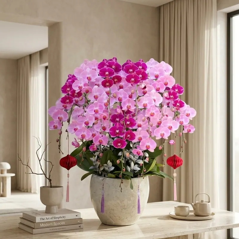 Chậu lan hồ điệp đa sắc 18 cành trang trí tết kết hợp lồng đèn đỏ của The Phala